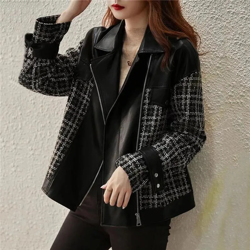 Casaco Feminino Womens Zipper Jacket Fashionable Black Plaid