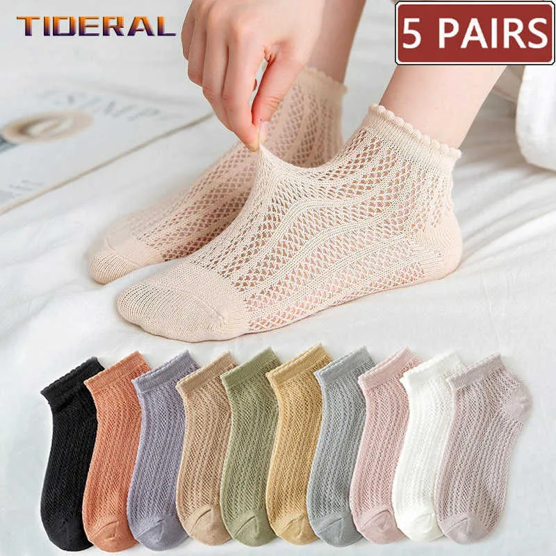 Socks Hosiery 5 Pairs Women Cotton Short Socks Summer Thin Mesh Low Cut Soft Breathable Solid Color Not Show High Quality Female Ankle Socks P230516