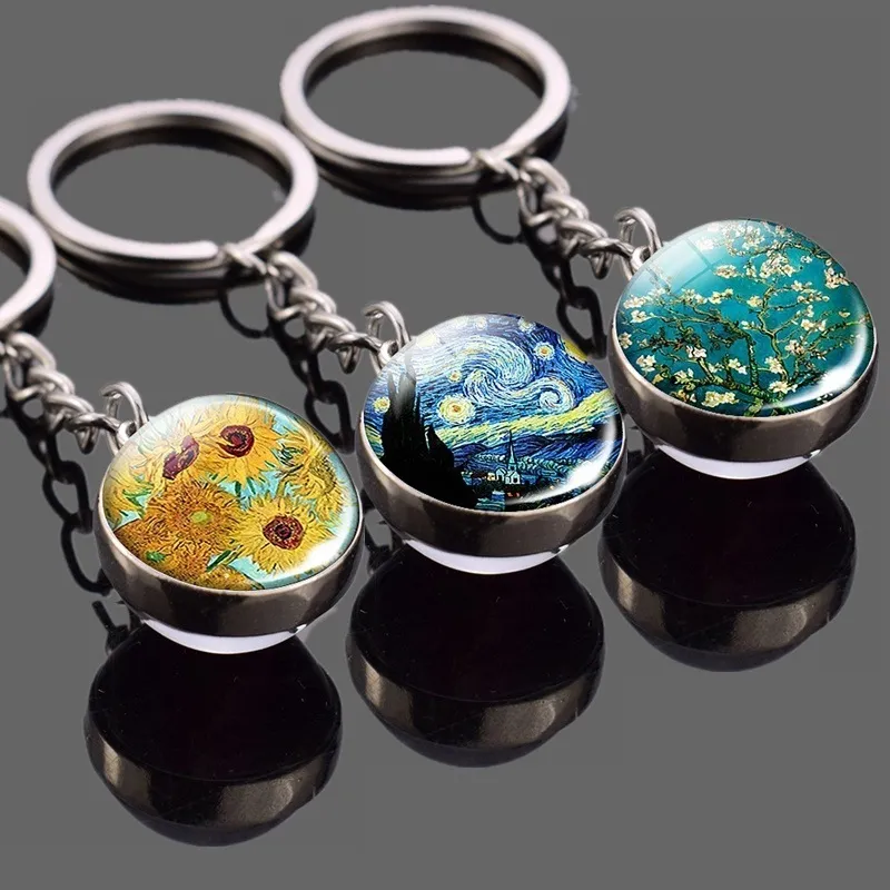Keychain de metal van gogh estrelado artes de pintura a óleo de óleo de pingente de pingente de vidro criativo de bola de vidro criativo