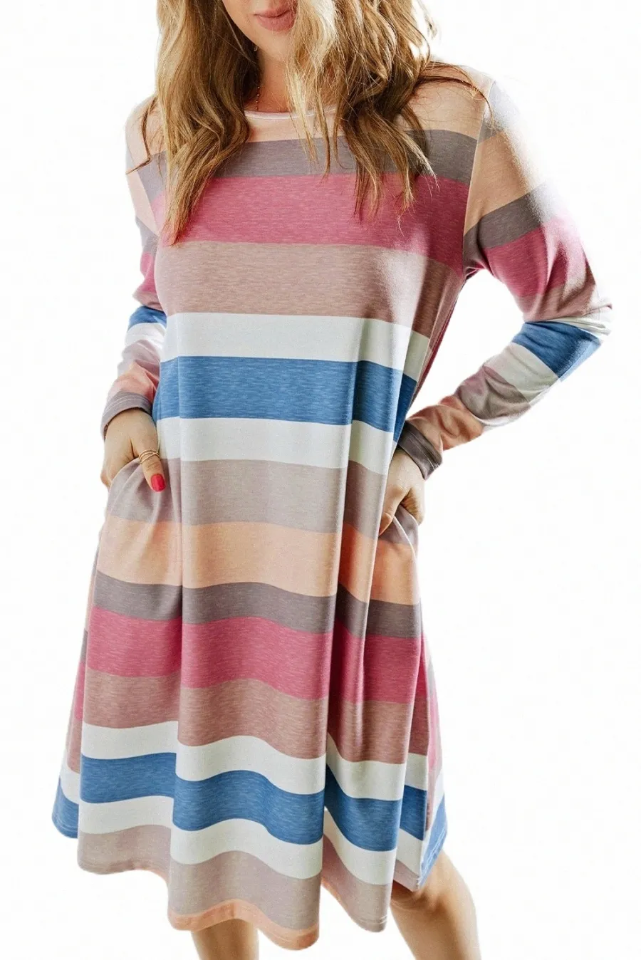Rainbow Long Sleeve Stripes Mini Dress 2023 Hot New C3JL#