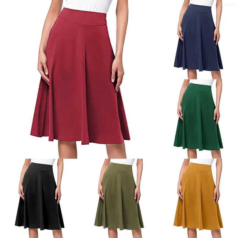 Skirts Simple Comfy Basic Solid Color Stretch A Line Flared Knee Length Skirt Leather