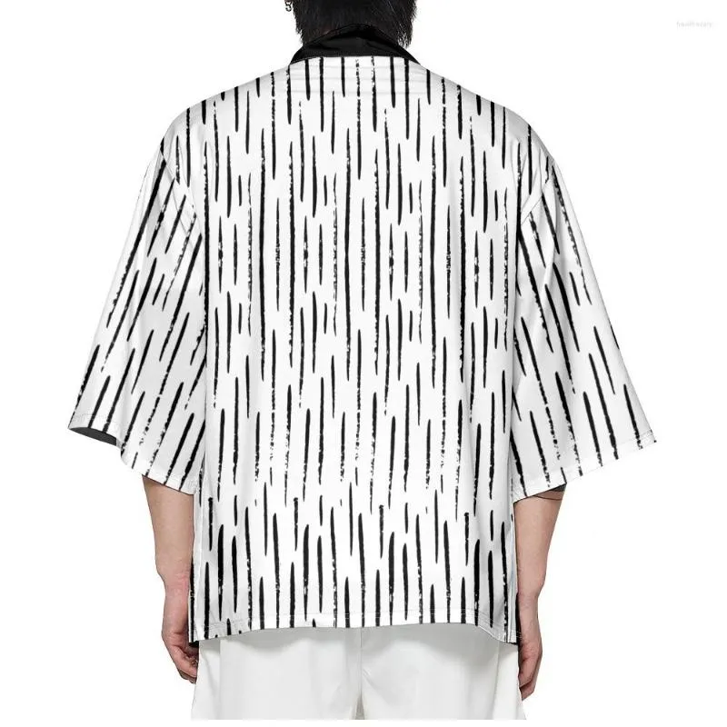 Ethnic Clothing Black Striped Printed White Cardigan Fashion Street Beach Japanese Kimono Robe Men Shirts Yukata Haori Women's