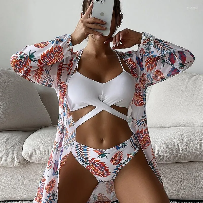 Women's Swimwear 2023 3Pieces Swimsuits Boho Women Leaves Print Push Up Halter Bathing Suits Female Beachwear Brazilian Biquinis Bikinis