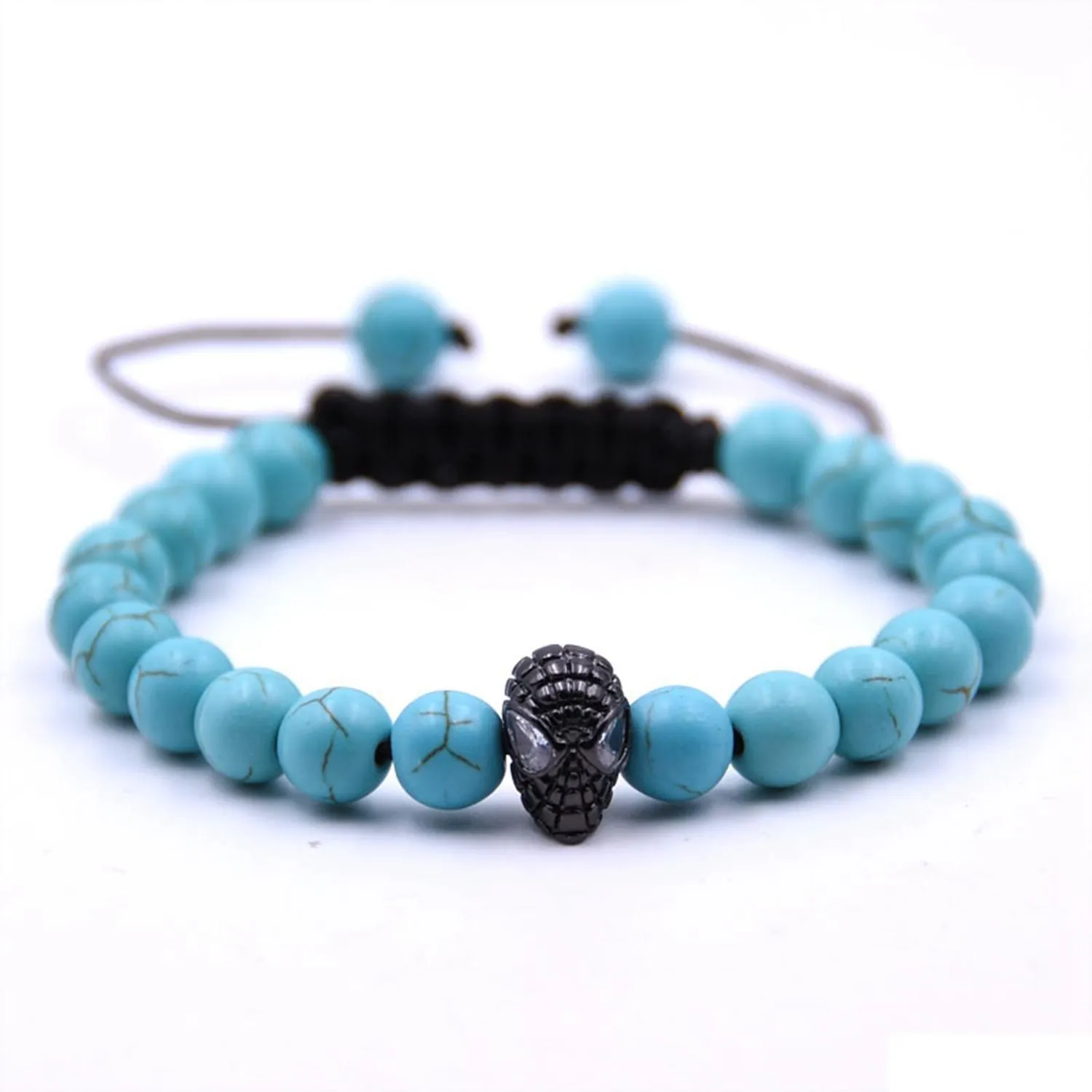 Perlé 10Pc / Set Personnalisé Hommes Bijoux Nouvelle Conception À La Main Tissé Bracelet Alien Réglable Avec 8Mm Turquoise Perles Rondes Pour Fashio Dh8Hg