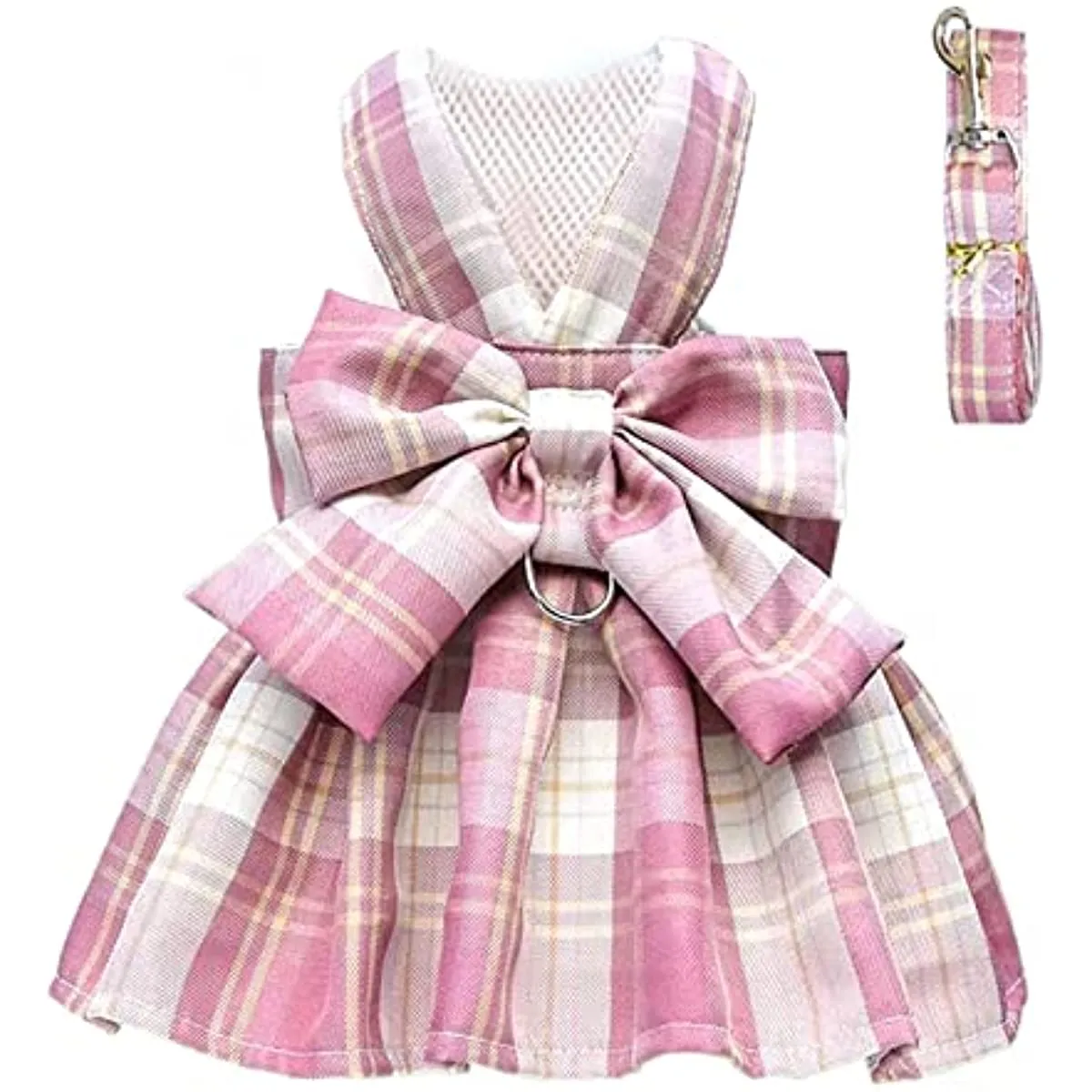 Plaid Dog Dress Bow Tie Harness Leash Set for Small Dogs Cats Girl Cute Princess Dog Dresses Spring Summer Puppy Bunny Rabbit Clothes Chihuahua Yorkies Pet Outfits