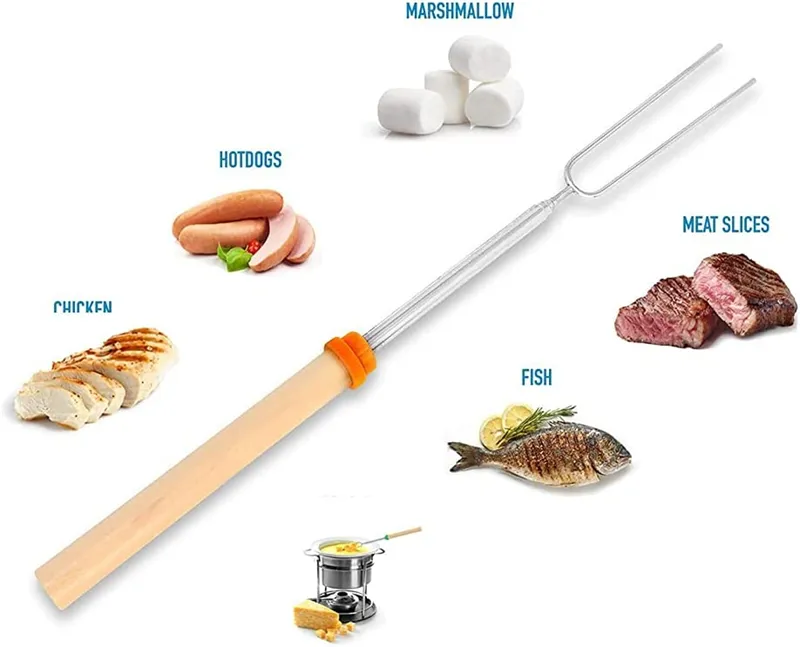 Wholesale 32inch Extendable Marshmallow Roasting Sticks BBQ Tool Stainless Steel Retractible Barbecue Fork Smores Skewers Corn Holders For Camping