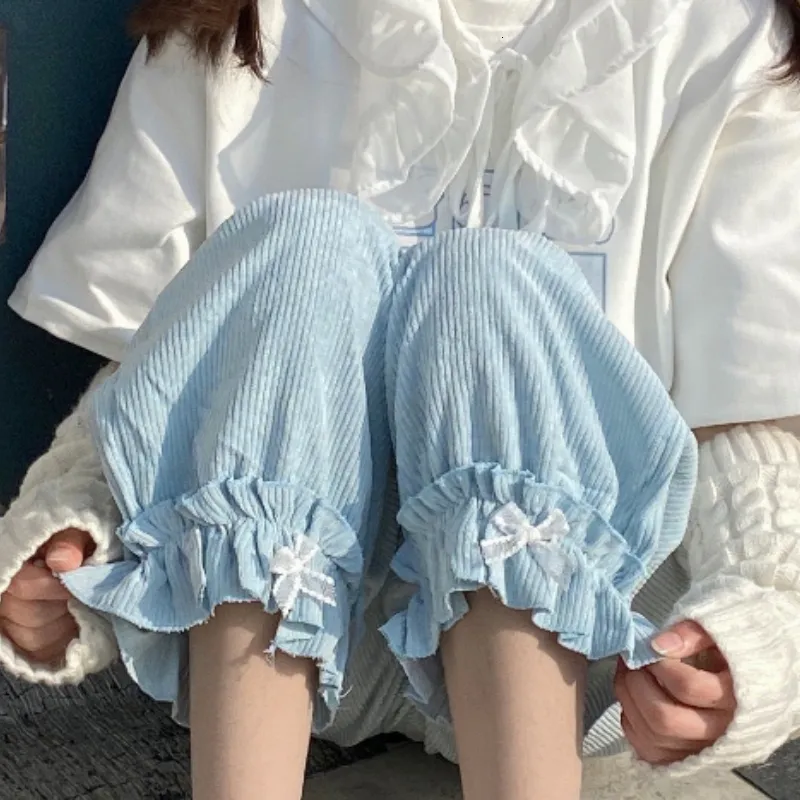 Dwuczęściowe spodnie damskie Japońskie lolita damskie kawaii wysoką talię Polecki Słodki łuk Ruffle szerokie nogi dresowe dziewczęce ubranie luźne śliczne spodnie 230516