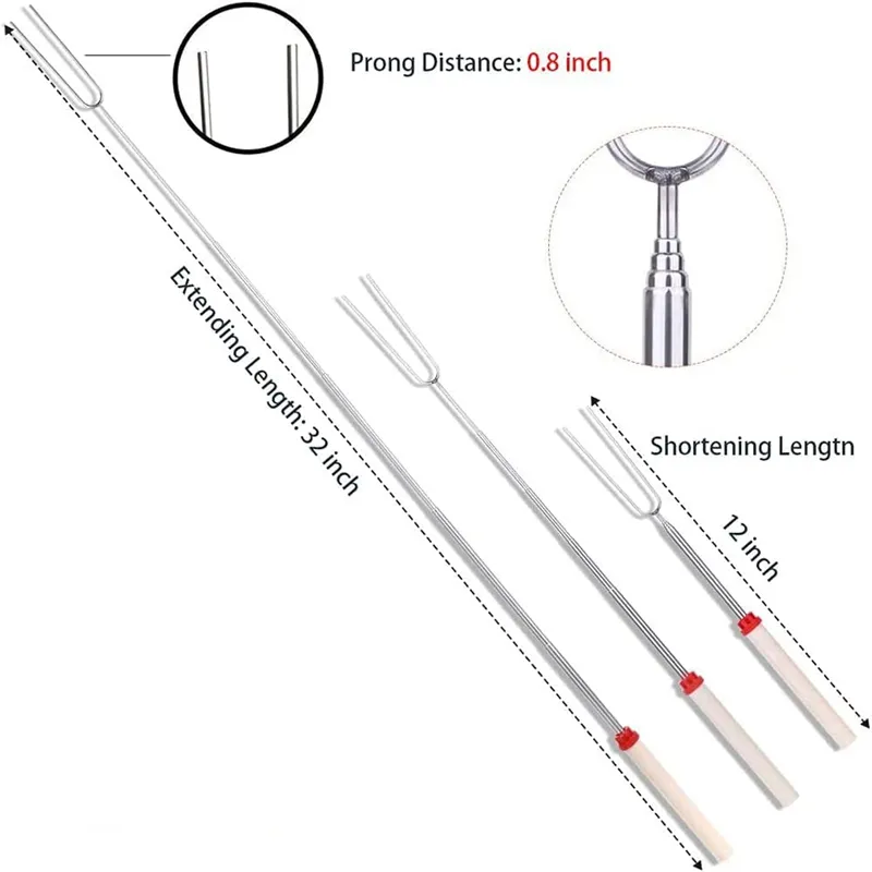 Wholesale 32inch Extendable Marshmallow Roasting Sticks BBQ Tool Stainless Steel Retractible Barbecue Fork Smores Skewers Corn Holders For Camping