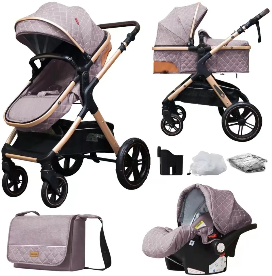 Luxury Baby Stroller 3 in 1 High Landscape Pram foldable pushchair & Car Seat Mainstream color Black Gray 0 to 3 years old