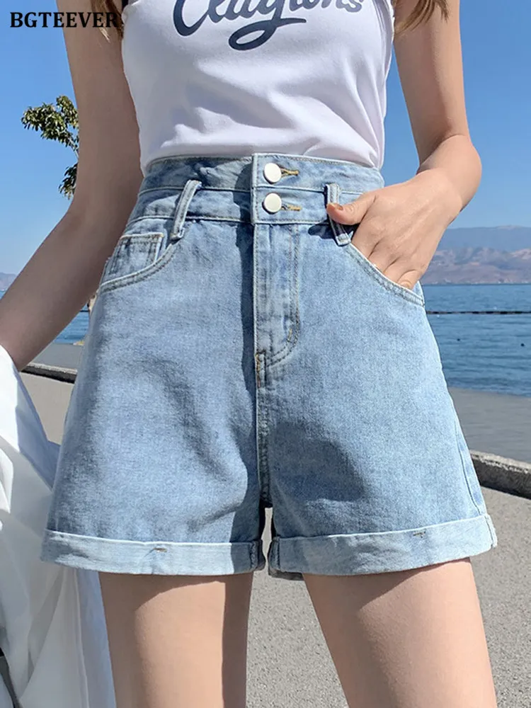 BGTEEVER Womens High Waist Baggy Jean Shorts Womens With Pockets