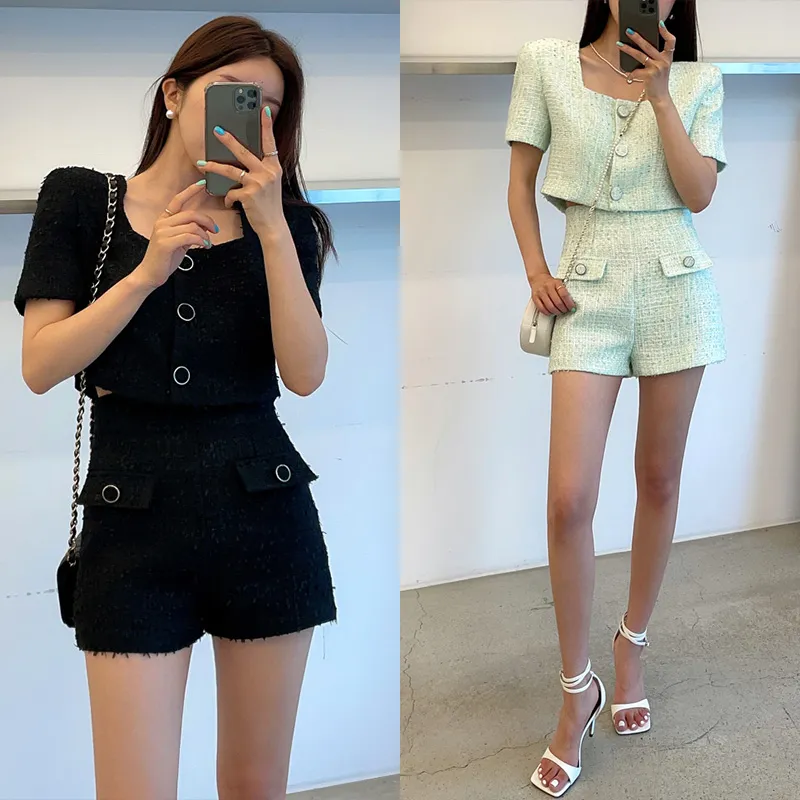 Women Korean Fashion Pants Set Tweed Square Collar Short Sleeve