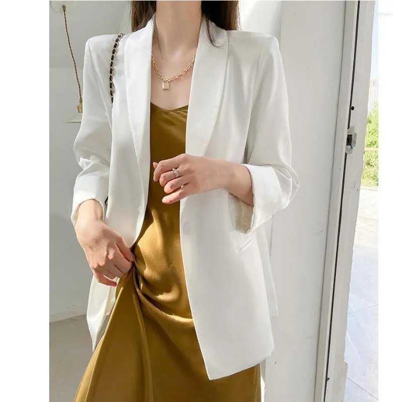 Women's Suits Jacket Women Sexy Suit Office Lady Nice Quarter White Blazer Summer 2023 Thin Satin Outwear