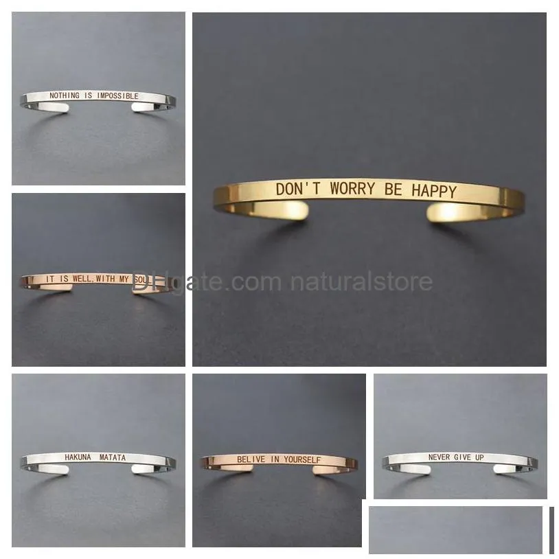 Cuff Inspirational Quotes Bracelet Dont Worry Be Happy Metal Engraved Bangle Fashion Jewelry Gifts For Friends Drop Delivery Bracelet Ot72D