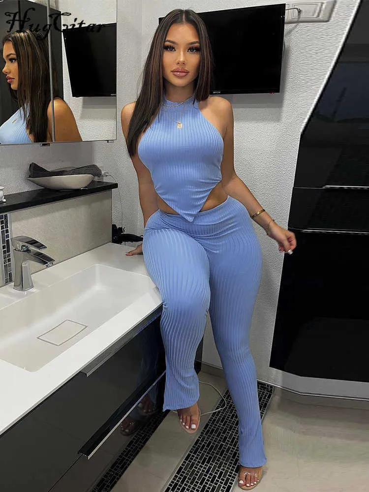 RUKAS Ribbed O Neck Backless Sexy Cute Crop Tank Top Slits Pants 2 Pcs Sets 2023 Summer Streetwear Sports Casual Tracksuit