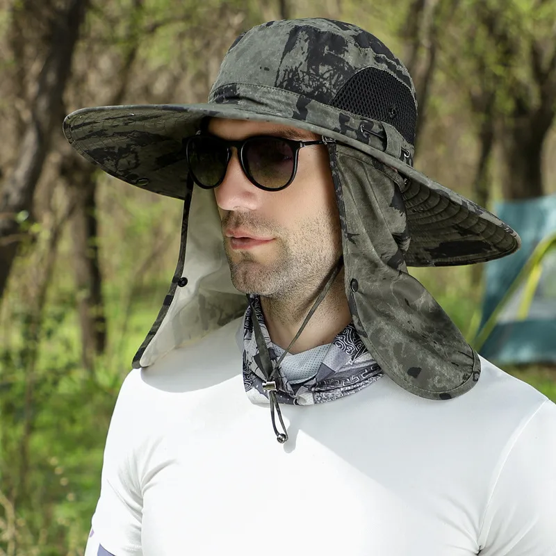 Outdoor Hats 3pcsSet Men Bucket Hat with Shawl Veil Camouflage Summer Sand  Prevention 12cm Army Sun Hat Waterproof Outdoor Camp Fishing Cap 230515