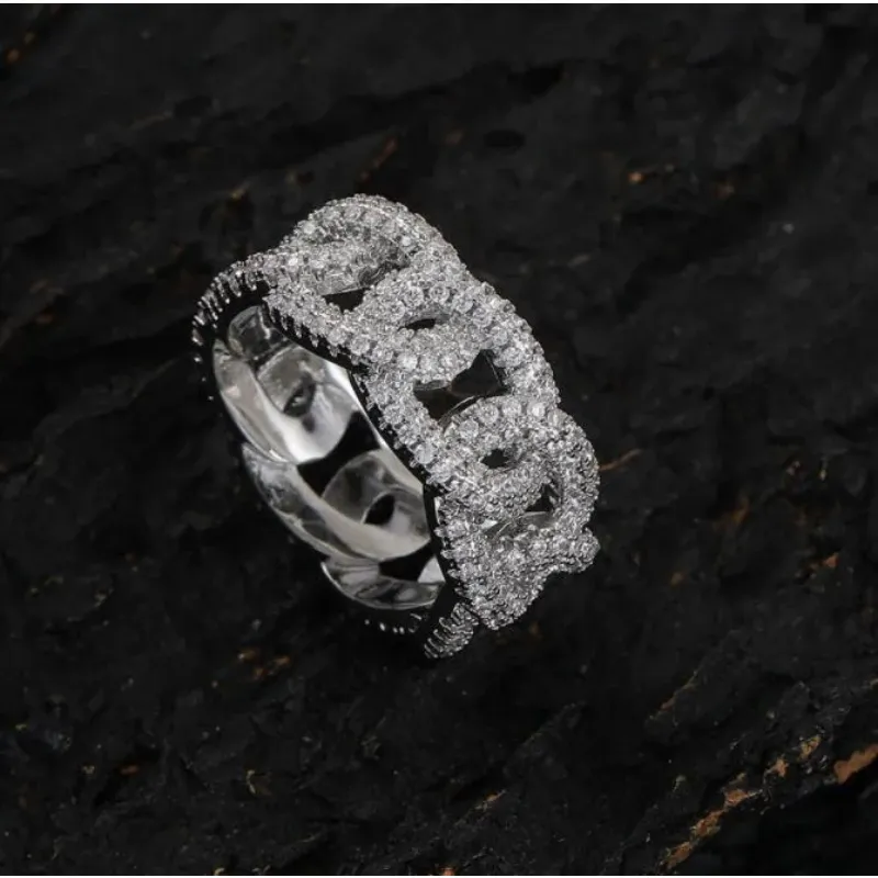 Hip Hop Men's Ring Electroplated zircon chain ring for Men Rapper Jewelry Gift