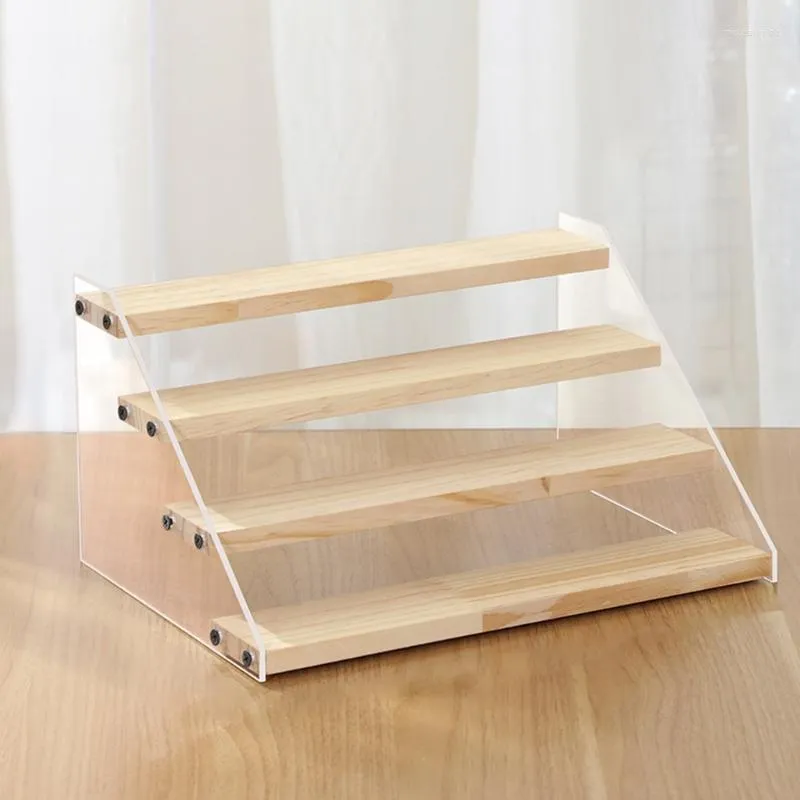 Hooks Multifunctionele display Riser Rack Stand Clear houten 2/3/4-laags stapplankpoppen Figuur Counter Ladder Cupcake