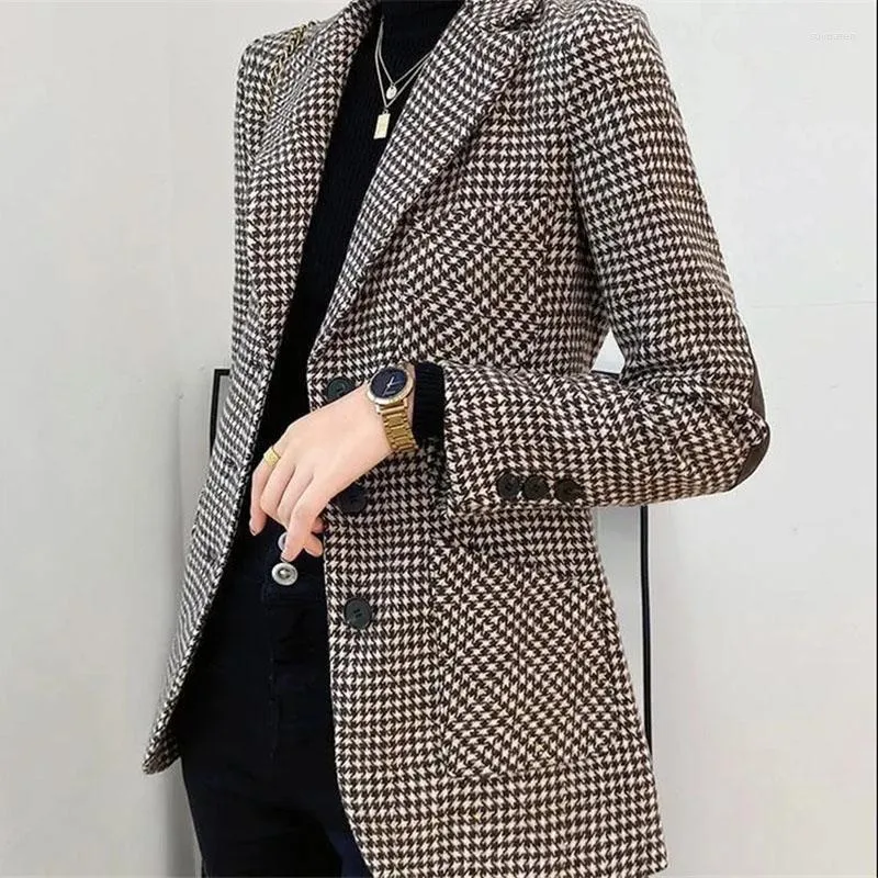 Costumes pour femmes Casaco Feminino Blazer pied-de-poule femmes manteau 2023 printemps automne mode poche costume veste femme vestes à simple boutonnage