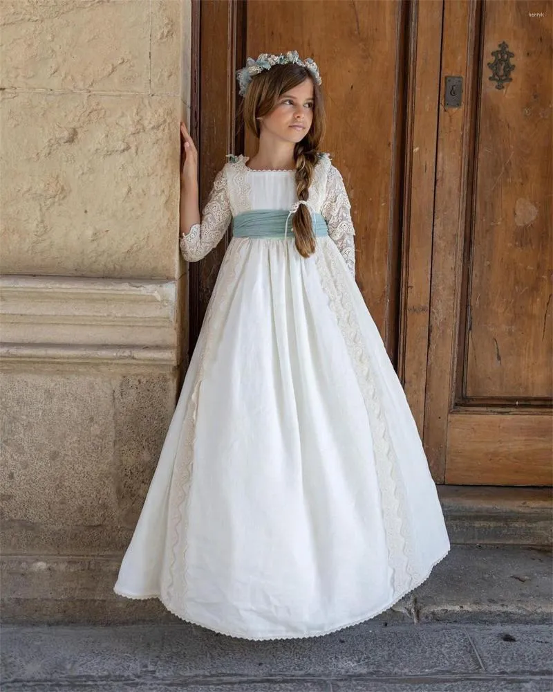 Kız Elbiseler Beyaz Yay Kemeri Dantel 3/4 Kollu Saten Aplikler Çiçek Kızlar Moda Pageant Komünyon