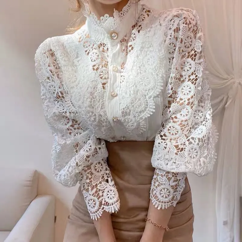 Blusa de manga pétala gola oca flor rendas retalhos camisa all-match blusas femininas botão branco topo ol roupas elegantes