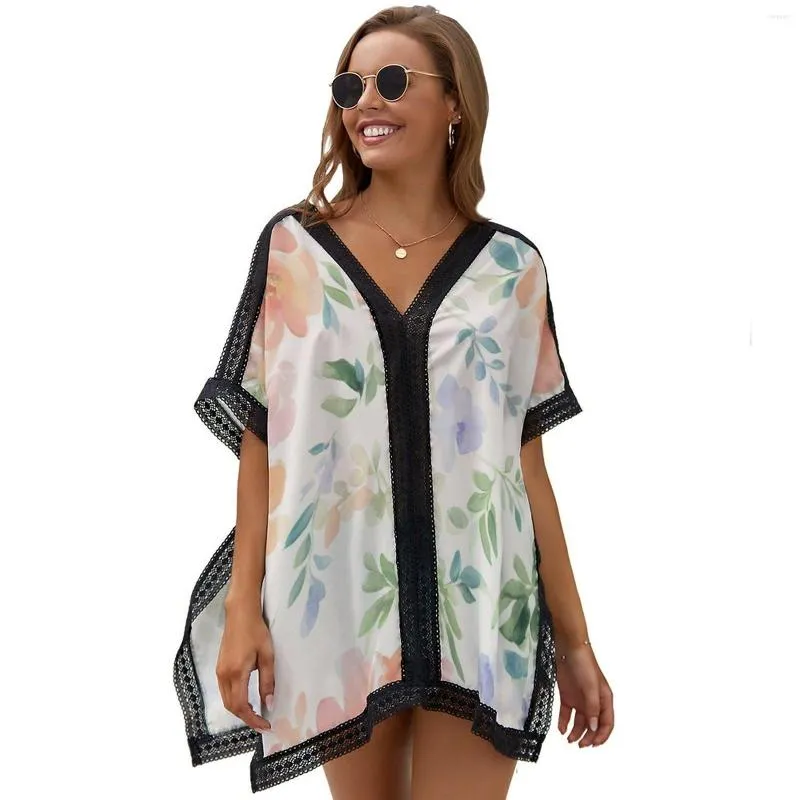 Blouses voor dames elegante bloemenprint dames zonnebrandcrème zwempak bedek op v-neck onregelmatige zoom losse top één maat op maat gedrukt