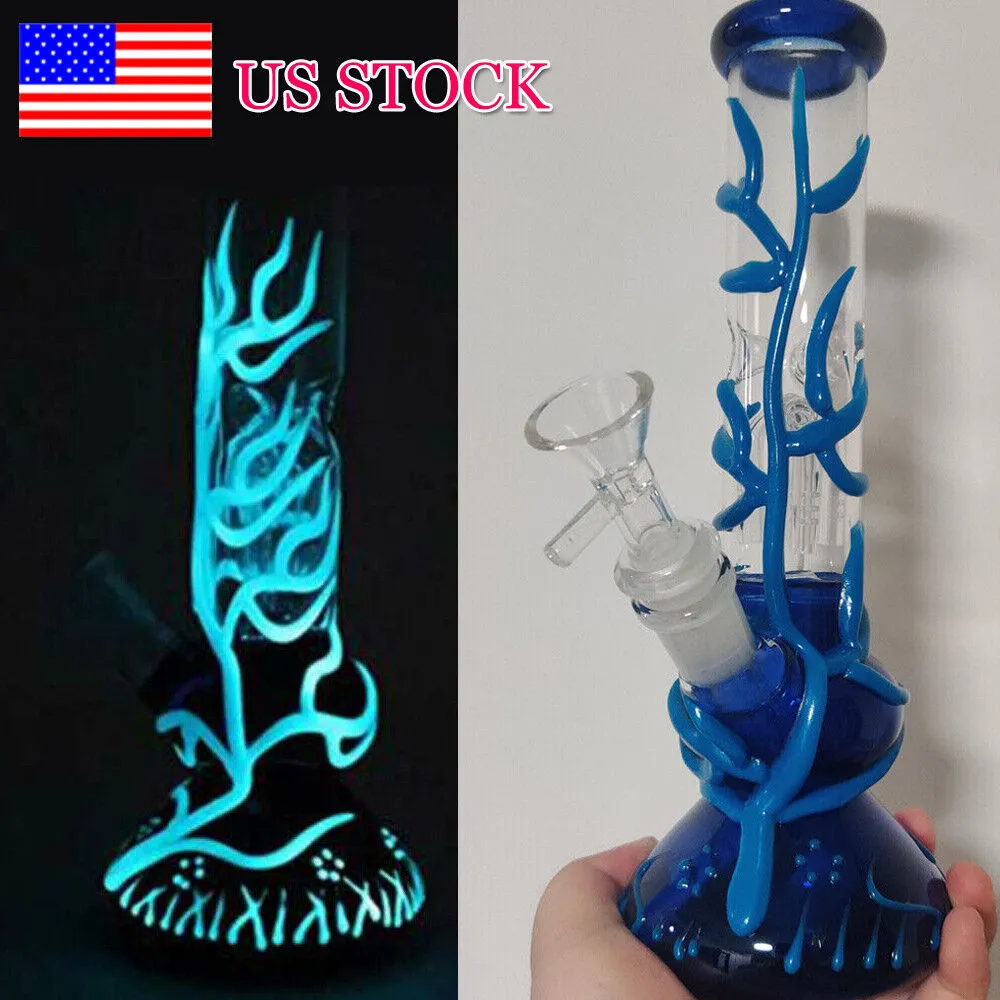 25CM 10 Inch Heady Bong Premium Blue Vein Glow in the Dark Pink Color Hookah Water Pipe Glass Bongs With 14mm Downstem And Bowl Ready for Use US Warehouse