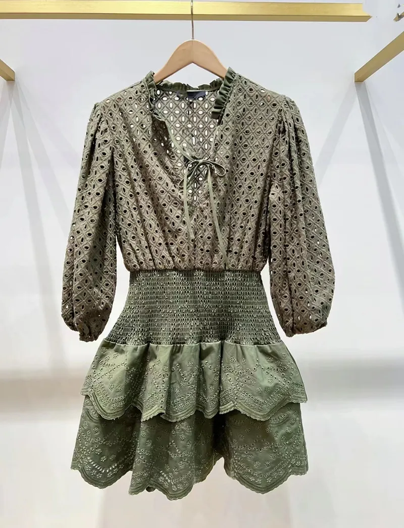 aje green dress puff sleeves Siren drawstring midi dress bayleaf green main image 1
