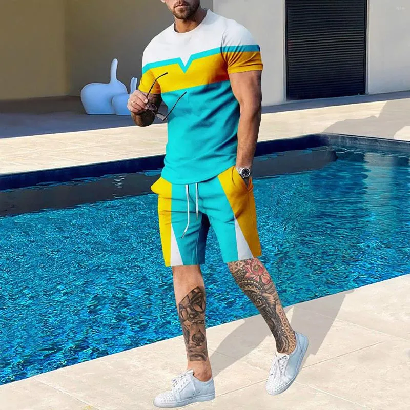 Tute da uomo Tuta da uomo color patchwork Pantaloncini a maniche corte 3D Abiti tropicali da spiaggia per uomo Giacca da smoking grande e alta da uomo