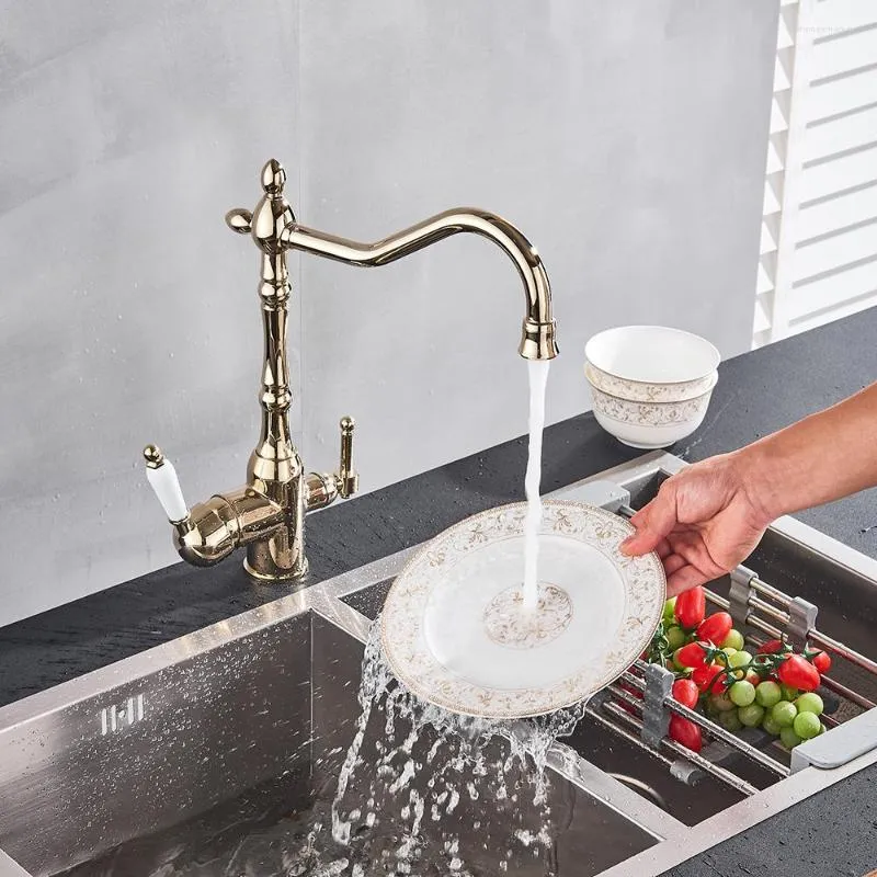 Keukenkranen 3 in 1 waterzuiveraar wastafel kraan gouden filter twee handvat drink messing swivel tuit