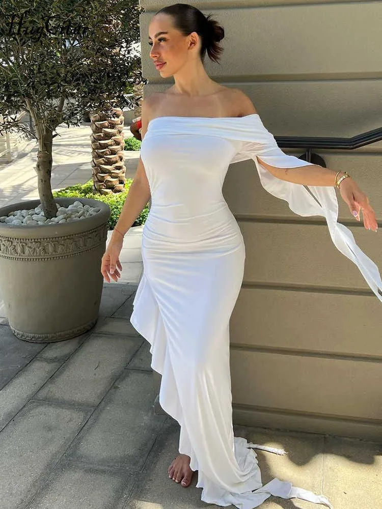 RUKAS Strapless One Shoulder Solid Ruffles Irregular Sexy Bodycon Maxi Dress 2023 Summer Women Elegant Party Festival Outfit