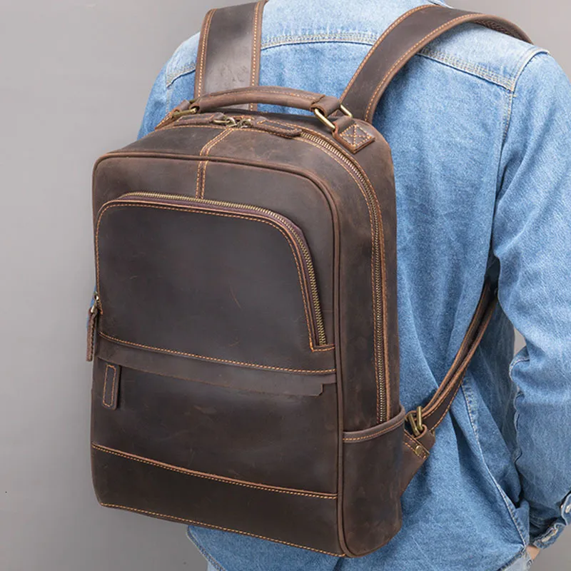 Mochila de cuero genuino para hombre, estilo vintage, de 15.6 pulgadas,  bolsa para computadora portátil, varios bolsillos, mochila casual de viaje