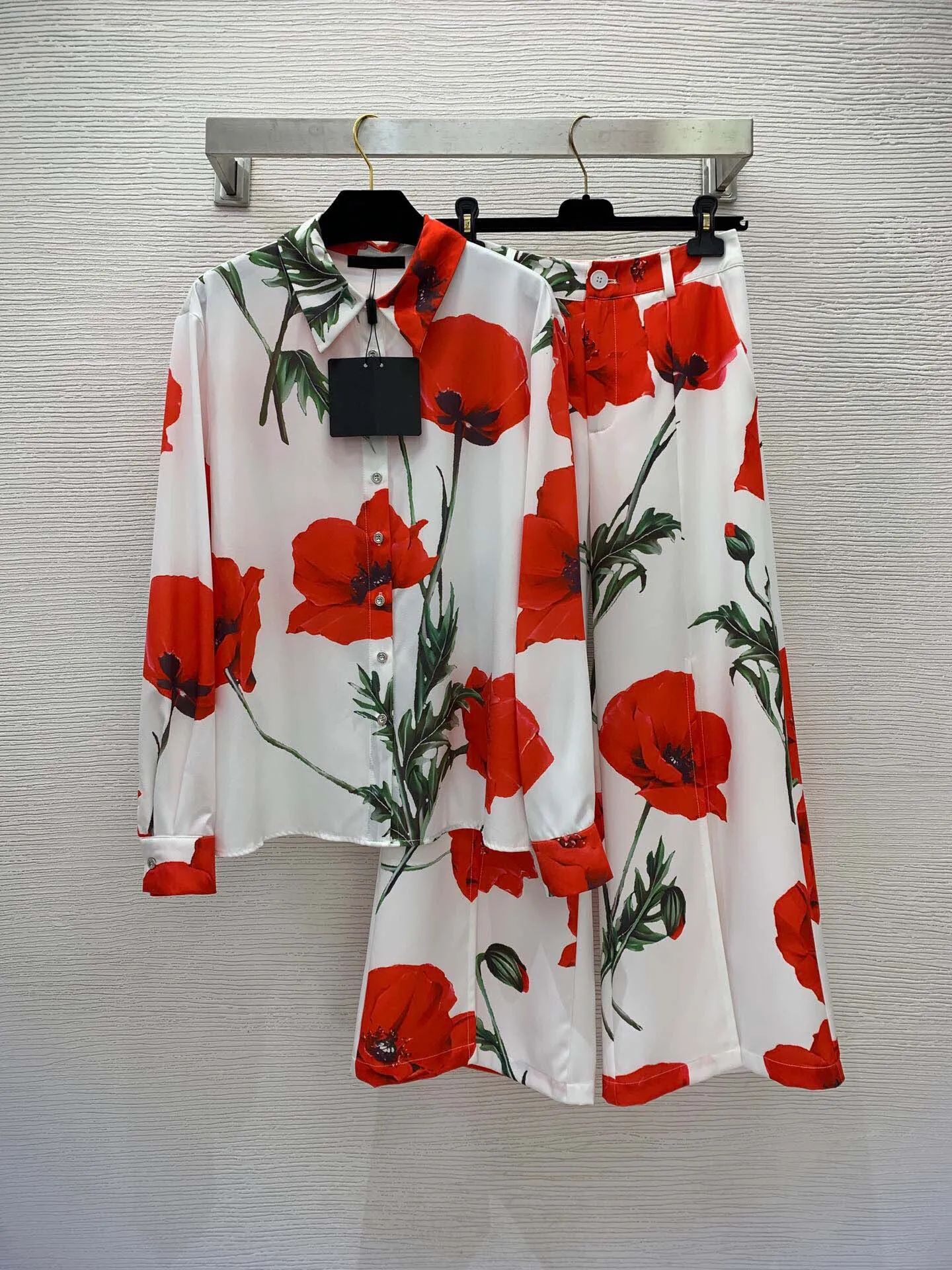 2023 Summer Multicolor Floral Print Two Piece Pants Set Lång ärm Lapel Neck Single-Breasted blus Hög midja breda benbyxor Pants Suits Set B3W14