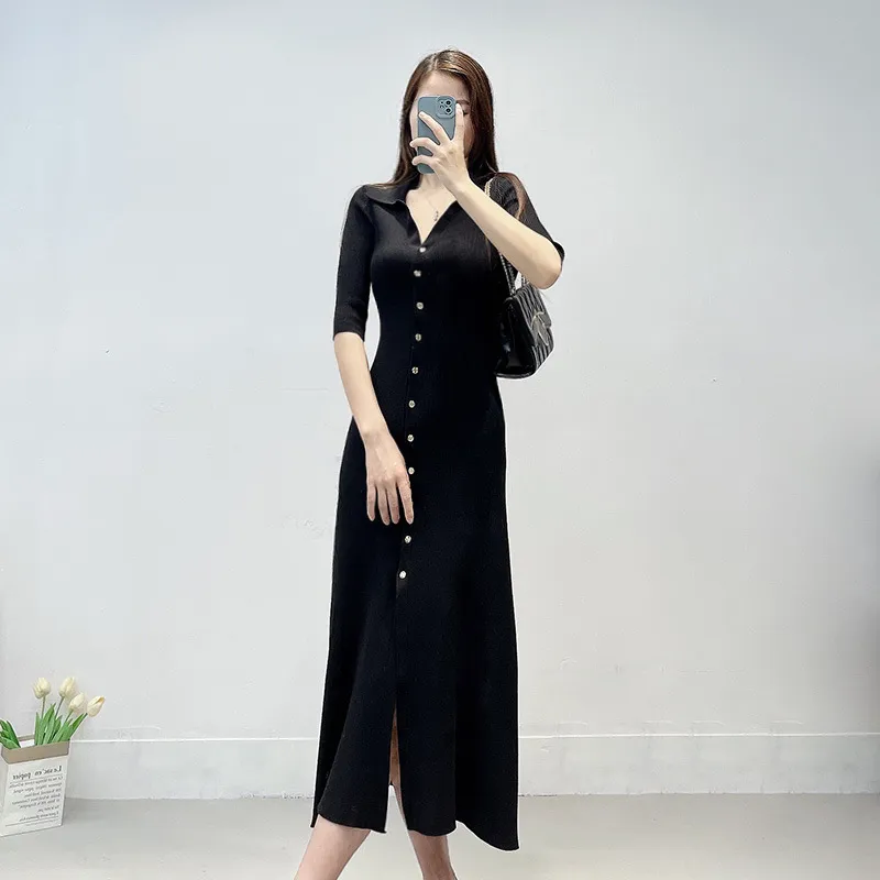New M-Aje Black Single Breasted Knit Midi Dress with V-Neck and Solid Color - Slim Fit Short Sleeve Long Knit Midi Dress for Basic and Casual