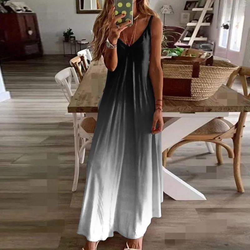 Robes Décontractées Maxi Femmes Long Gradient Sans Manches Couleur Vintage Col En V Summet Dress Sexy Boho Vestidos Robe Holiday Tank Beach Sundress