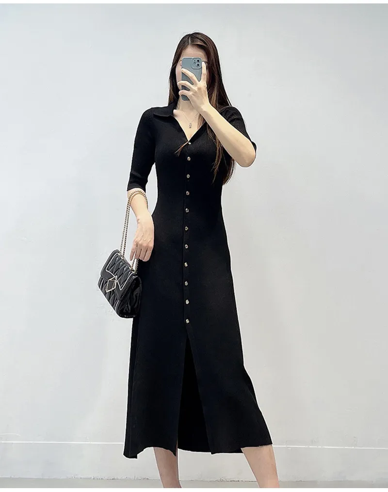 New M-aje Black Single Breasted knit midi dress with V-neck and Solid Color - Slim Fit Short Sleeve Long knit midi dress for Basic and Casual