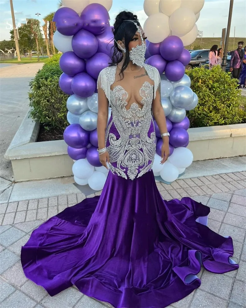 slim fit dress slacks Mermaid Purple Strapless Long Prom Dress With Gloves,Velvet Evening Dress  SH1201 main image 1