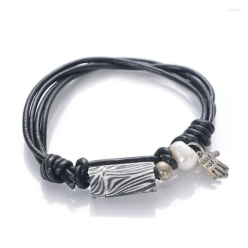 Strand Miasol Real Leather Stripe Clay Zebra Beads Charm sötvatten Pärl Justerbara kvinnor Girl Armband för gåvor