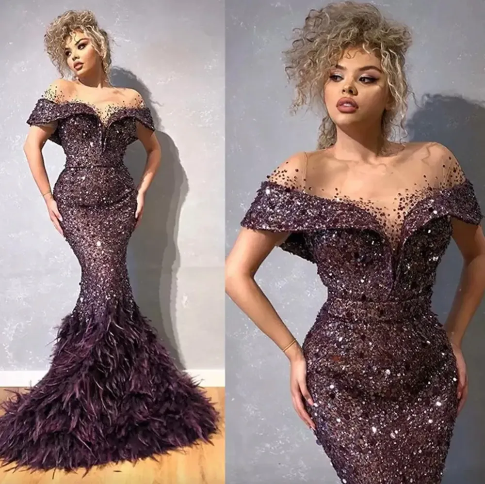 New Gorgeous Evening Dresses Mermaid Prom Party Gown Jewel With Short Sleeves Floor-Length Sweep Train Crystal Sequined long Illusion