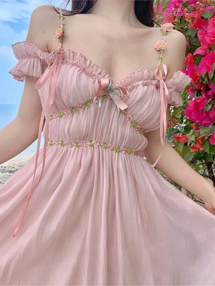 Robes de soirée Gaun tali merah muda manis musim panas wanita elegan V Neck pita bunga gaun pesta seksi Off épaule Chic liburan Vestidos 230515