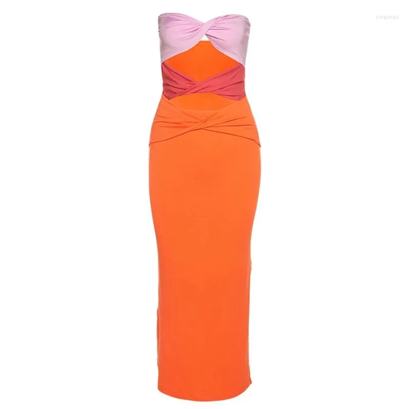 Casual jurken vrouwen zomer sexy strapless twist ruches front midi long bodycon jurk hollow out contrast kleur uit schouder mouwloze zijde