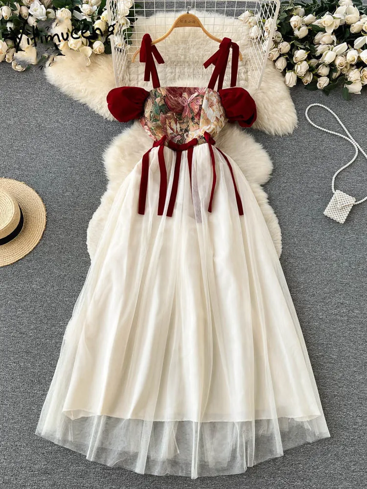 Vestidos casuales Yitimuceng vestido bordado para mujer moda Vintage sin mangas correas Midi vestido elegante elegante cintura elástica vestidos 230515