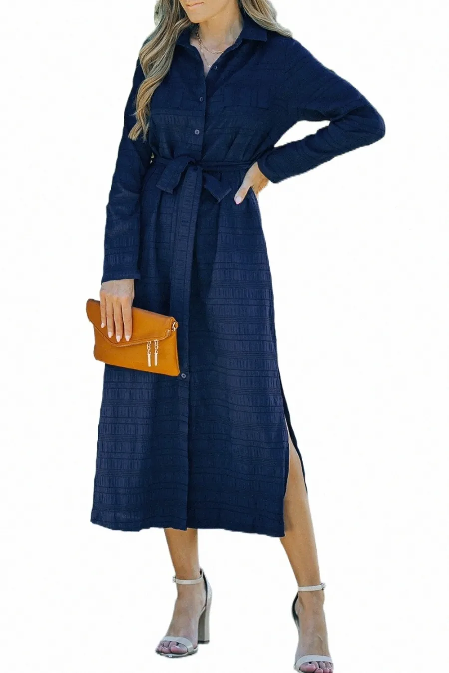 Blue Crinkle Textured Long Sleeve Shirt Dress med Belt J9ox#