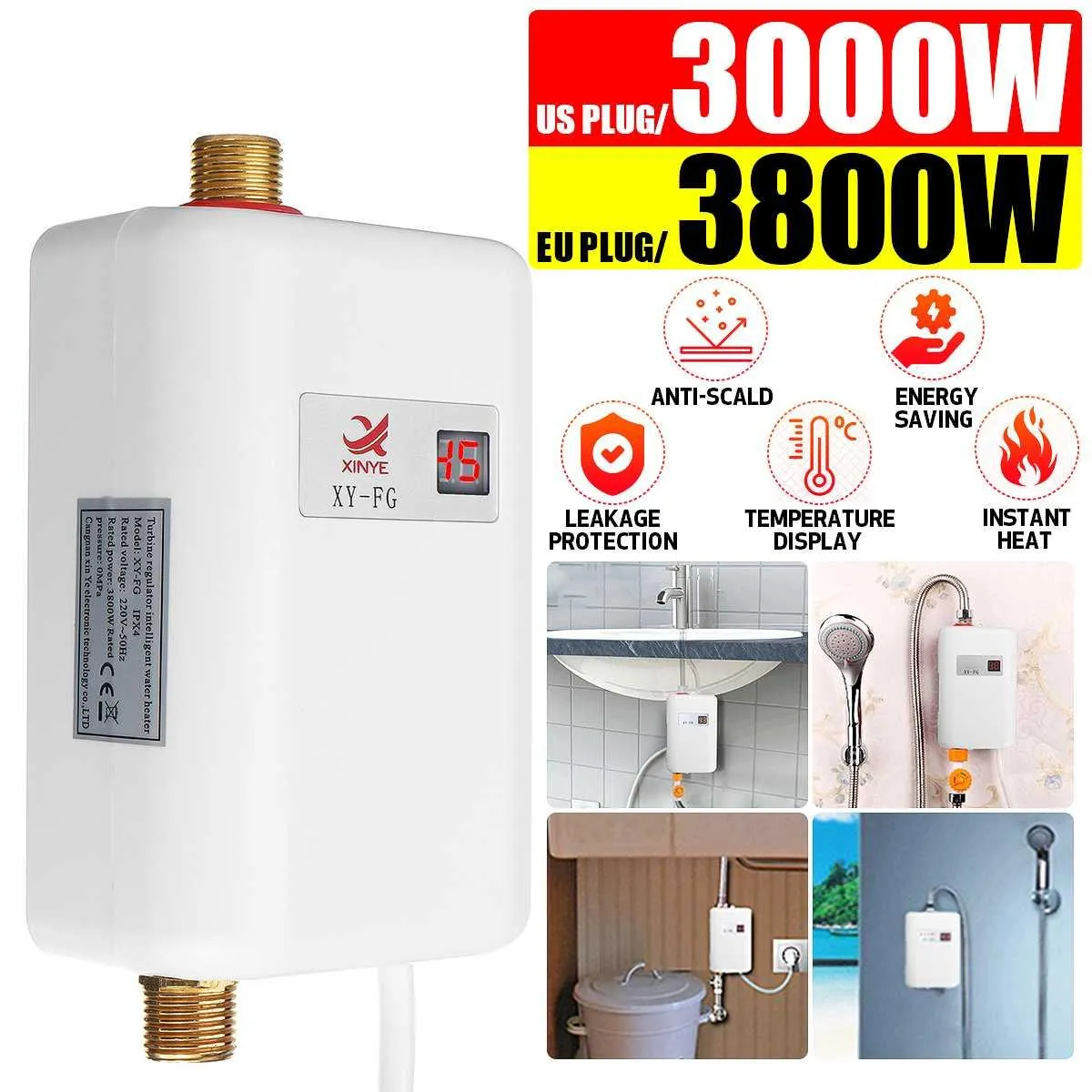 Heaters 3800W Tankless Electric Water Heater Bathroom Kitchen Instant Water Heater Faucet Temperature display Heating Shower 220V/110V