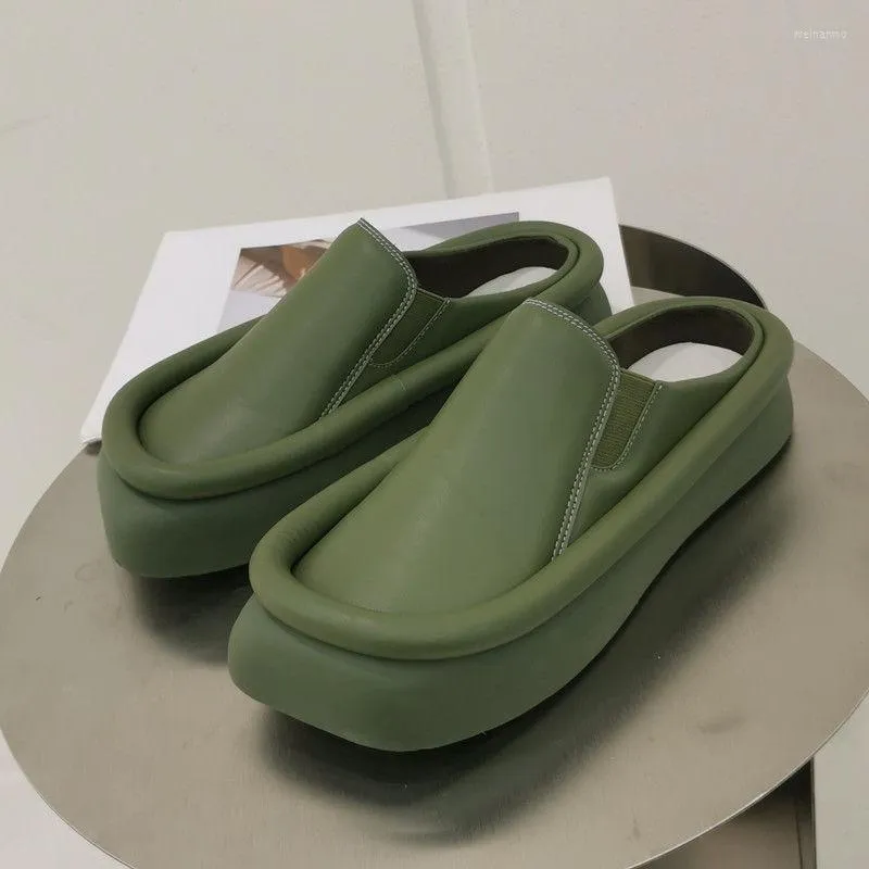 Pantofole Baotou Platform Leather Square Head Comode scarpe da casa Luxury High Quality Summer Green Fashion Women's