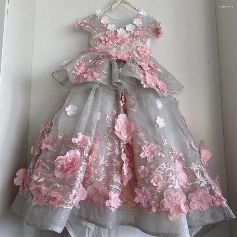 Fille robe moelleuse robe de bal gris robe fleur robe rose appliquée pour enfants robes d'anniversaire à poil à la longueur du sol