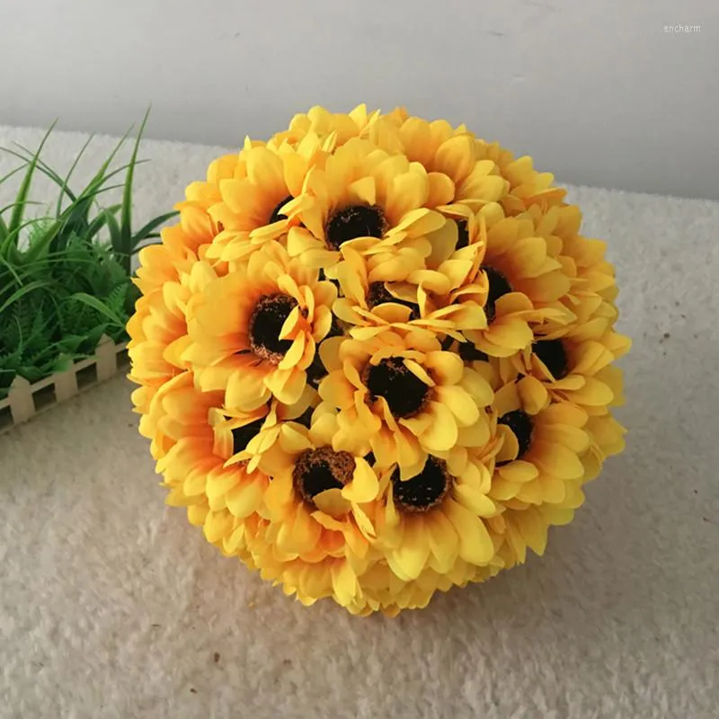 Fleurs décoratives 10 "(25CM) Simulation Tournesol Embrasser Boules Jaune Artificielle Fleur De Soie Boule Artisanat Ornement Pour Supermarché