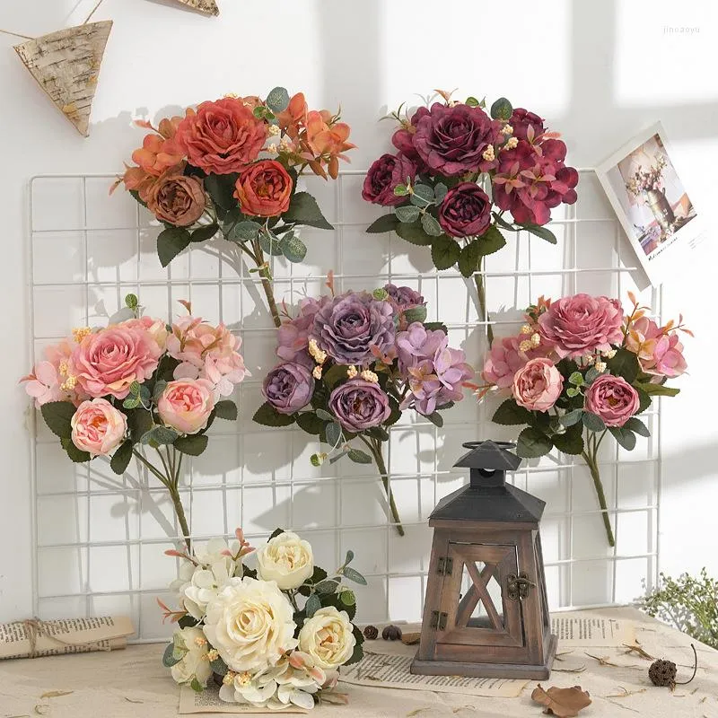 Fleurs décoratives pivoines fleur artificielle soie Rose Bouquet hortensia pivoine Vintage mariage mariée fausse décoration de la maison