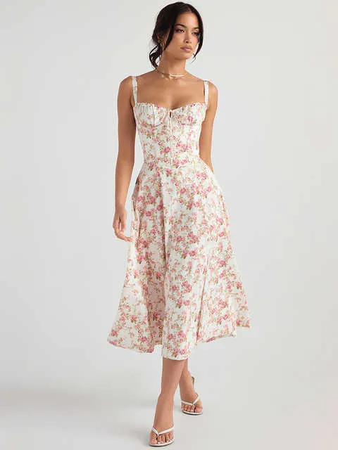 Chic und eleganter Blumendruck Split Midi Sundress Fashion Holidays Outfits Strand Boho Kleider Neue Sommerfrauen