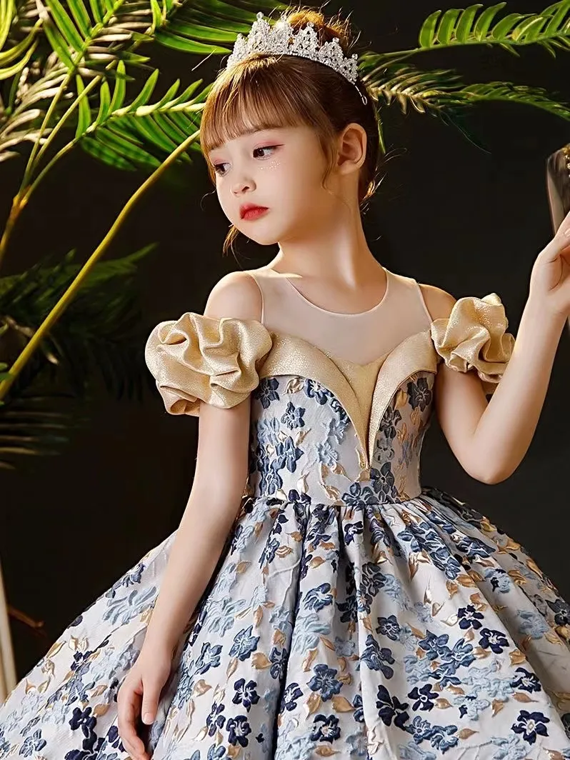 Adorable Blue Lace Ivory Flower Girl Dress With Appliques Cap