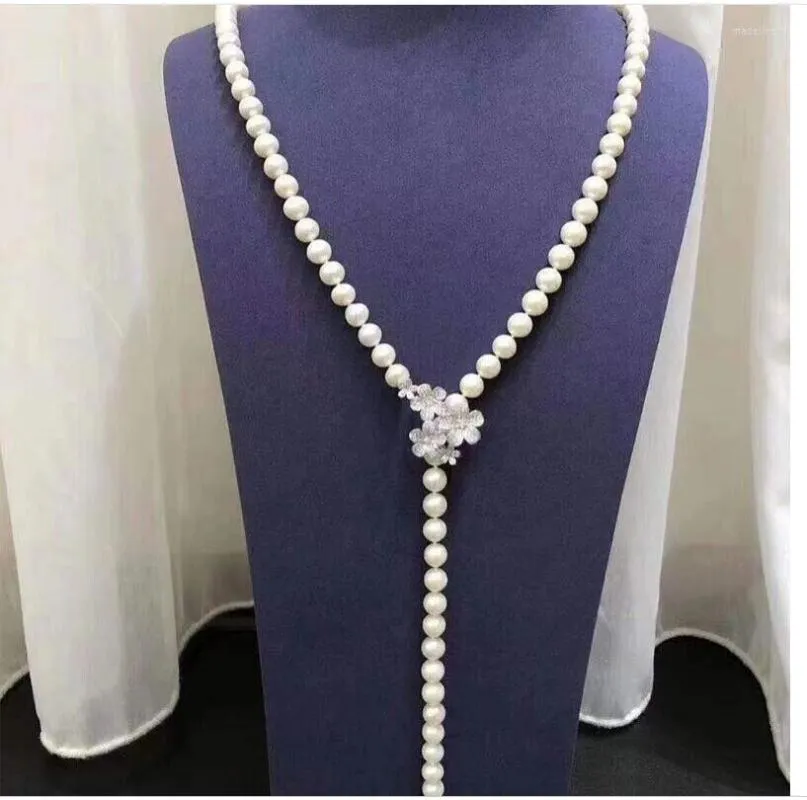 Catene 25 pollici marca 8-7mm rotonda autentica collana di perle bianche AKOYA 925S